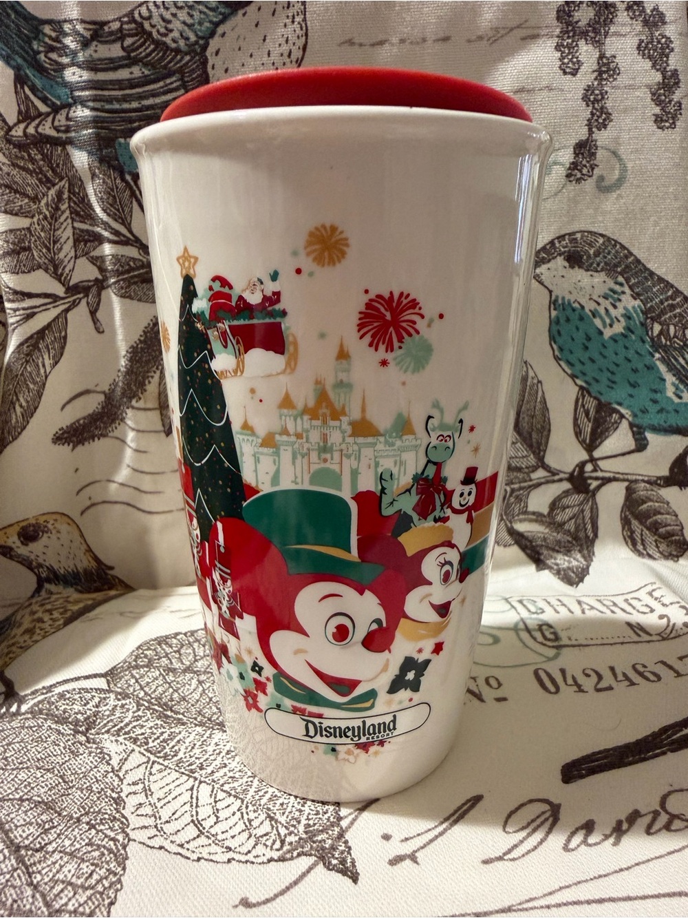Disney White Ceramic Holiday Travel Mug with Red and Green Accents